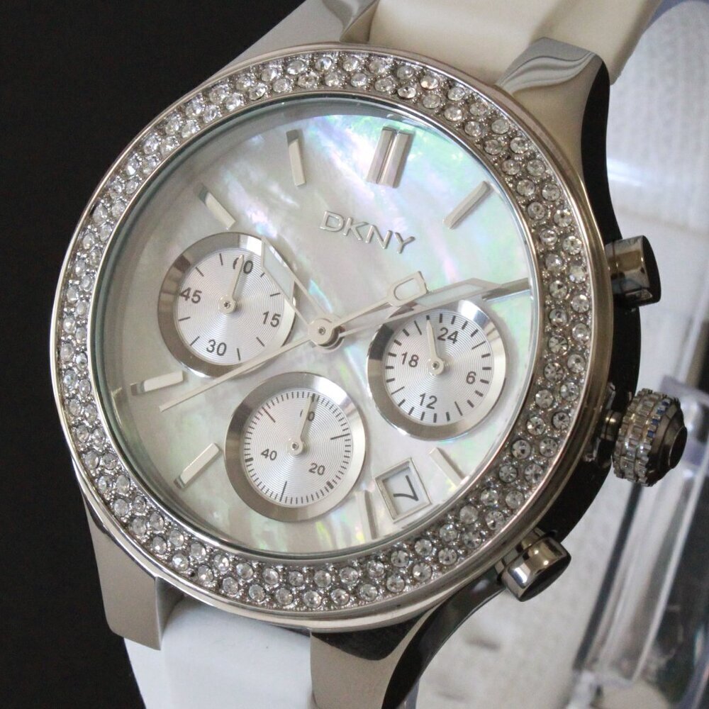DNKY Women's Chronograph Crystal Bezel Mother Of Pearl Dial Silicone Strap 38mm - Picture 10 of 14